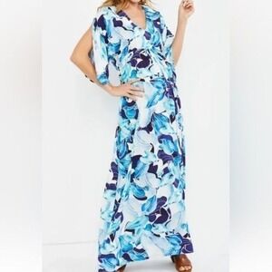 Pietro Brunelli Verbena Maternity Maxi Dress Short Slit Sleeve Blue White Floral